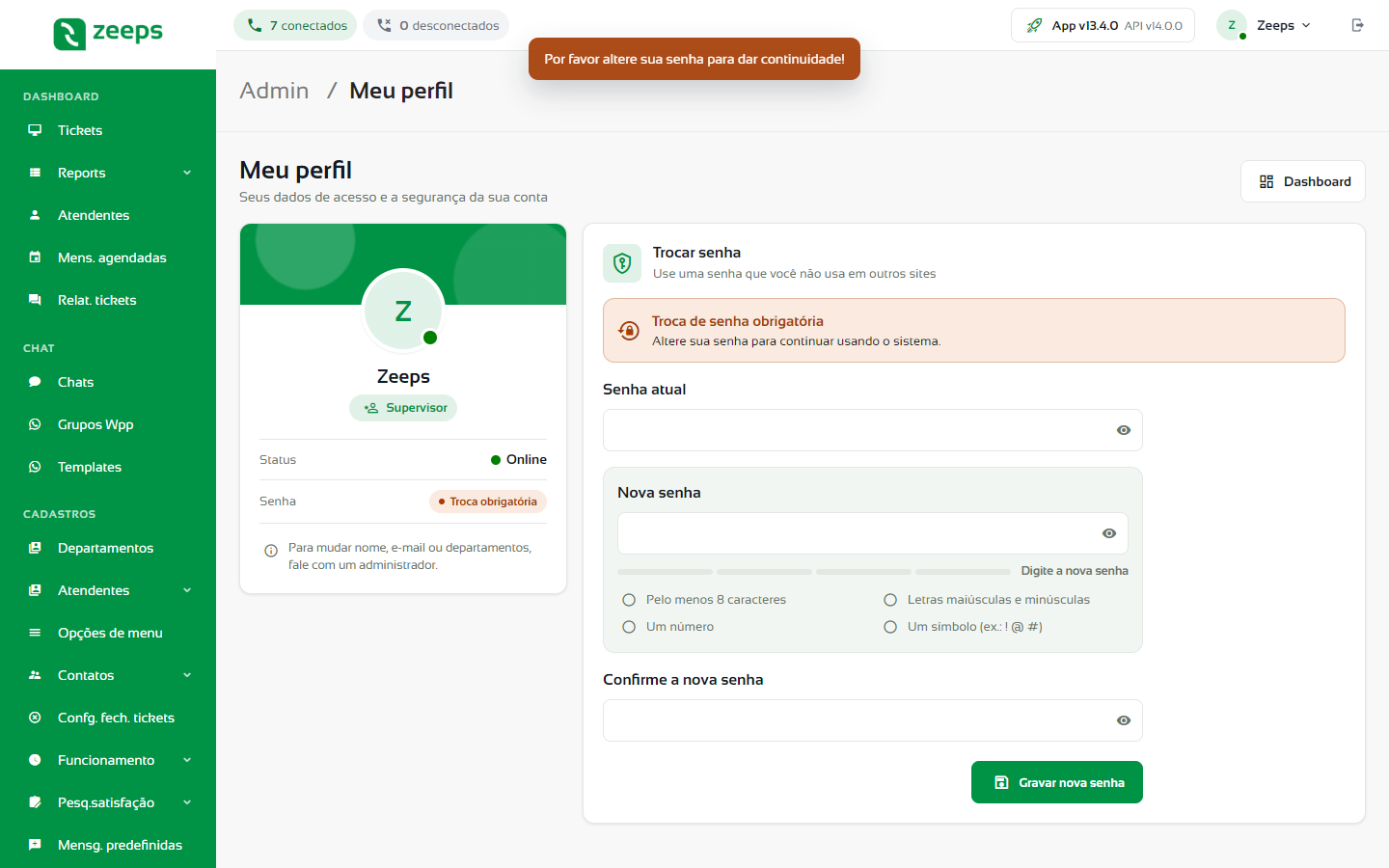 Meu perfil com o aviso Troca de senha obrigatória e os campos para trocar a senha