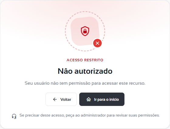 Tela Não autorizado com os botões Voltar e Ir para o início