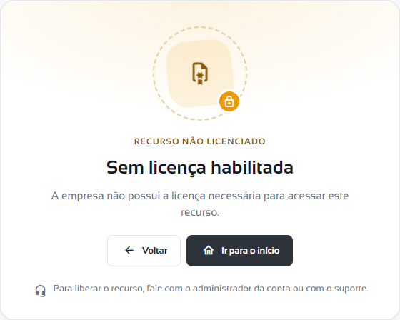 Tela Sem licença habilitada com os botões Voltar e Ir para o início