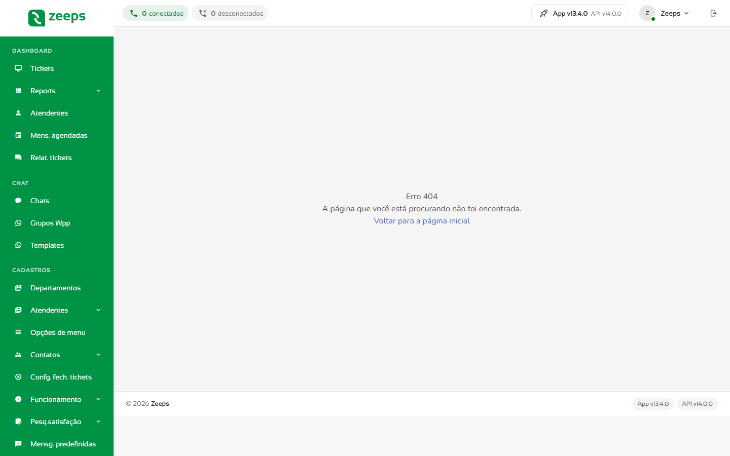 Tela Erro 404 com o link Voltar para a página inicial