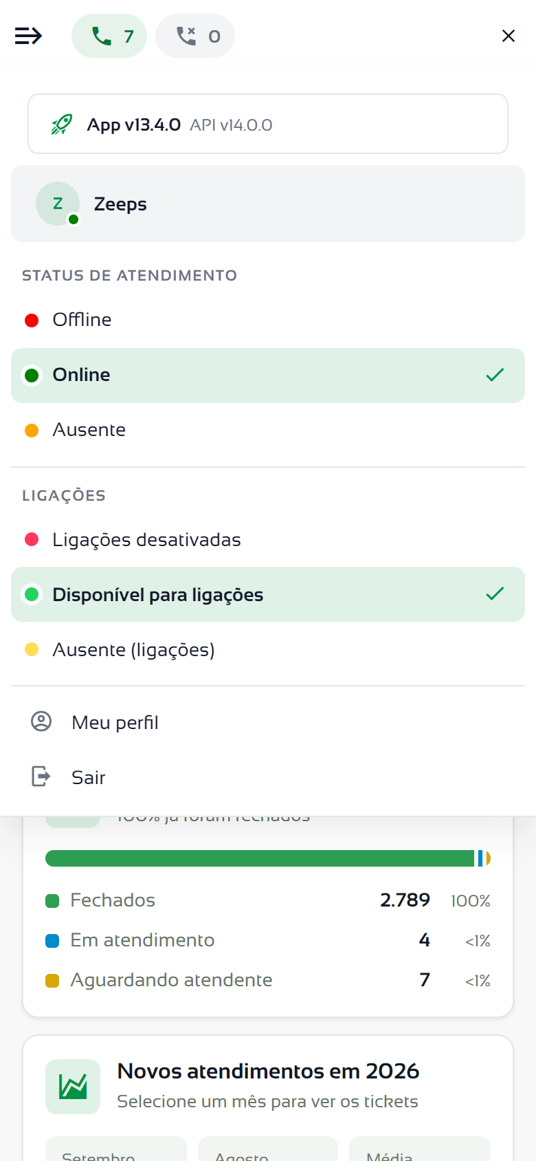 Menu do usuário aberto no celular com a versão, o status de atendimento e as ligações