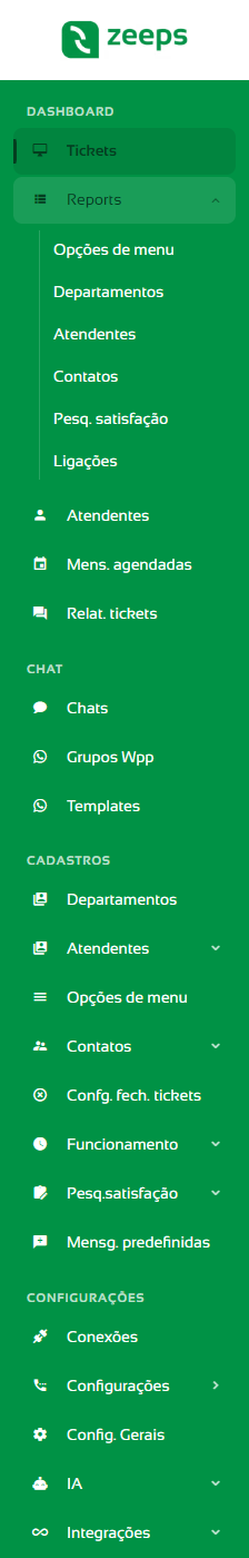 Menu lateral com as seções Dashboard, Chat, Cadastros e Configurações e o grupo Reports aberto