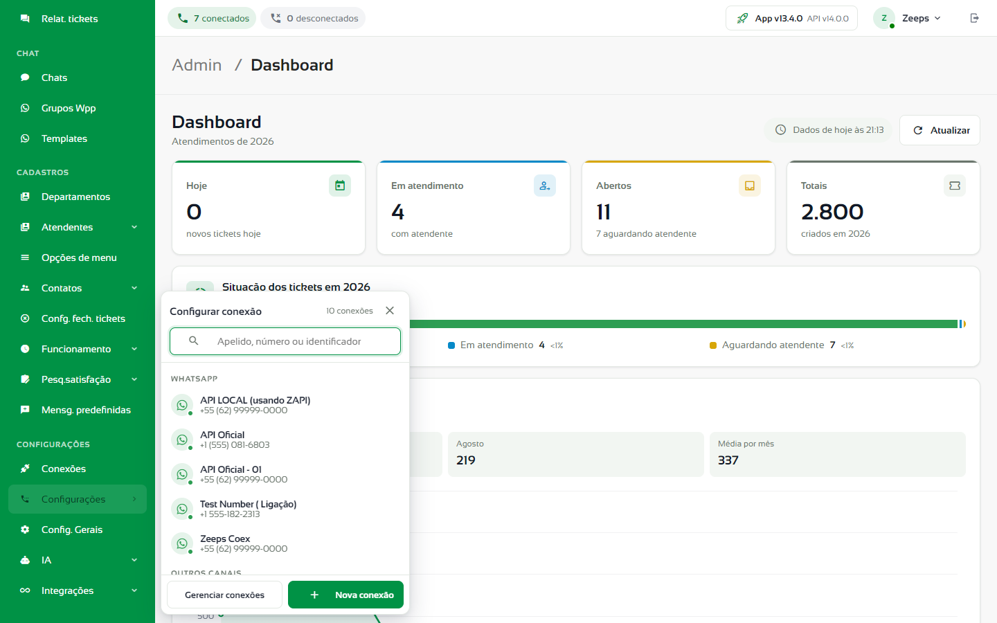 Painel Configurar conexão com a busca, a lista de números e os botões Gerenciar conexões e Nova conexão