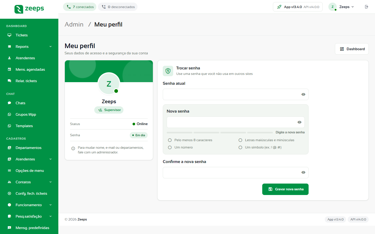 Tela Meu perfil com o cartão de identificação à esquerda e o quadro Trocar senha à direita