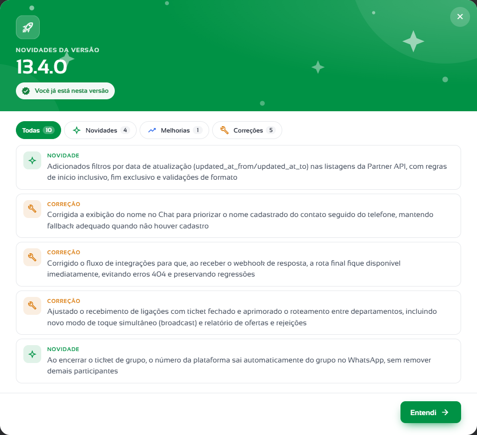 Janela Novidades da versão com a versão, os filtros e a lista de itens