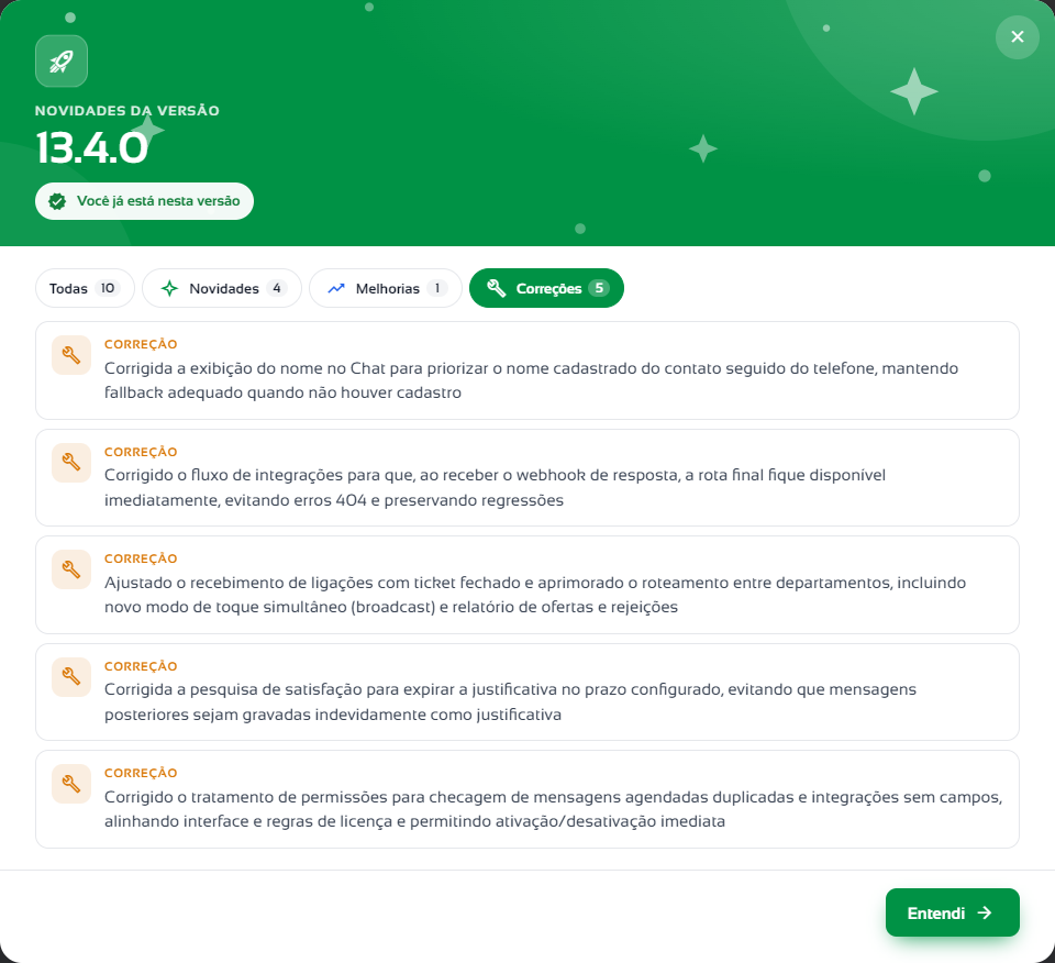 Janela Novidades da versão filtrada por Correções