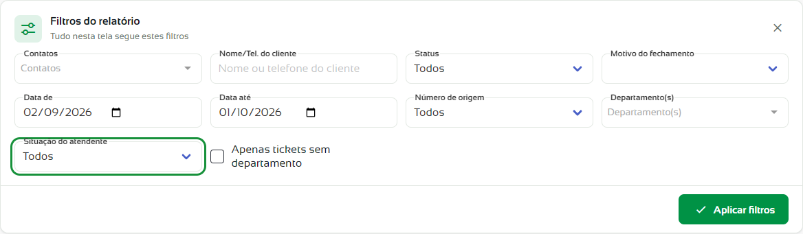 Painel Filtros do Reports de Atendentes aberto, com o campo Situação do atendente
