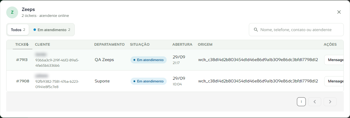 Janela com os tickets abertos de um atendente