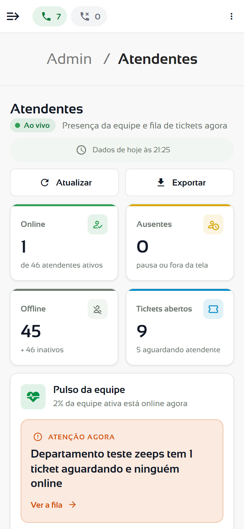 Tela Atendentes no celular