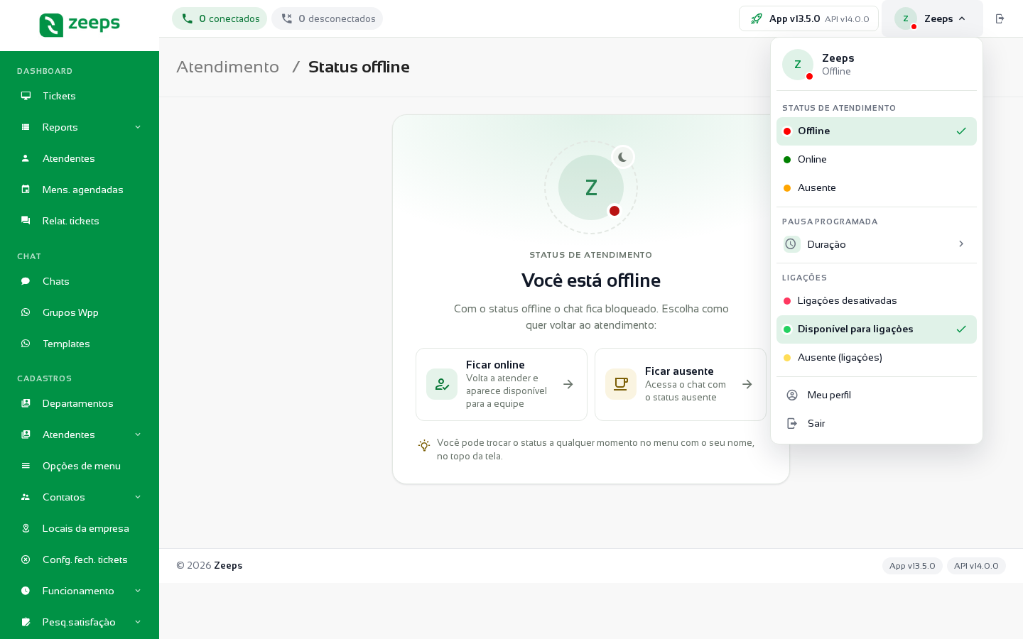 Menu de status do atendente aberto com a opção Pausa programada em destaque