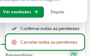 Menu Ações aberto com a opção Cancelar pendentes filtradas em destaque