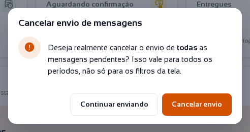 Janela de confirmação listando as mensagens pendentes filtradas que serão canceladas