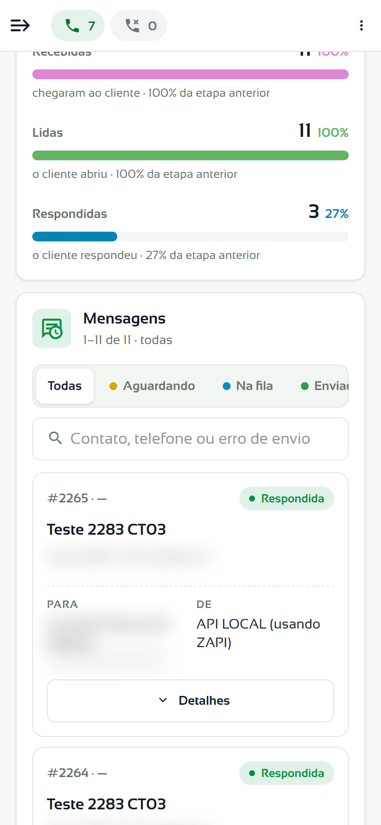 Mensagens agendadas no celular, com as abas e os cartões das mensagens