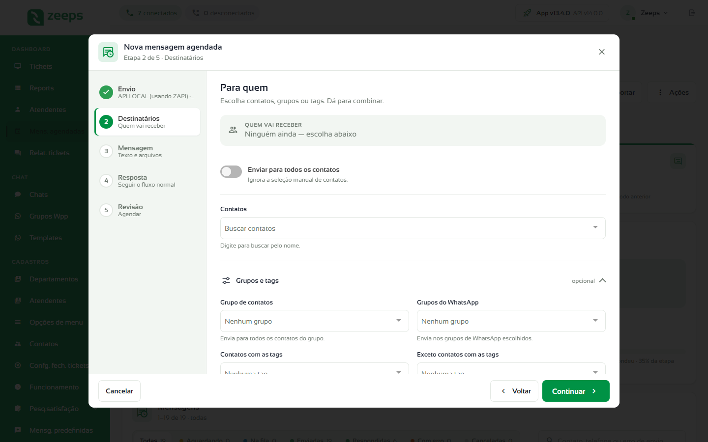Etapa Destinatários com a opção Enviar para todos os contatos, a busca de contatos e a área Grupos e tags aberta
