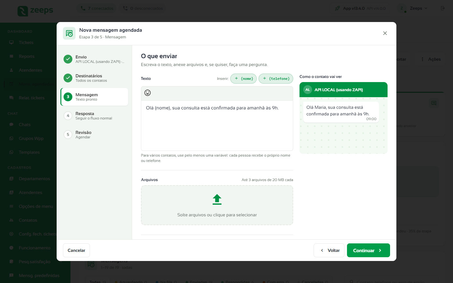 Etapa Mensagem com o texto usando a variável nome, a área de arquivos e a prévia Como o contato vai ver