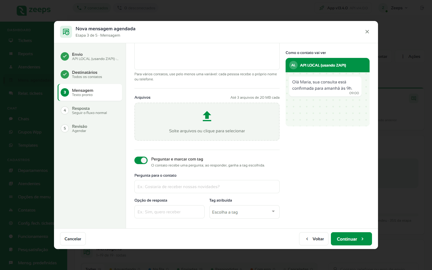 Opção Perguntar e marcar com tag ligada, com a pergunta, a opção de resposta e a tag atribuída