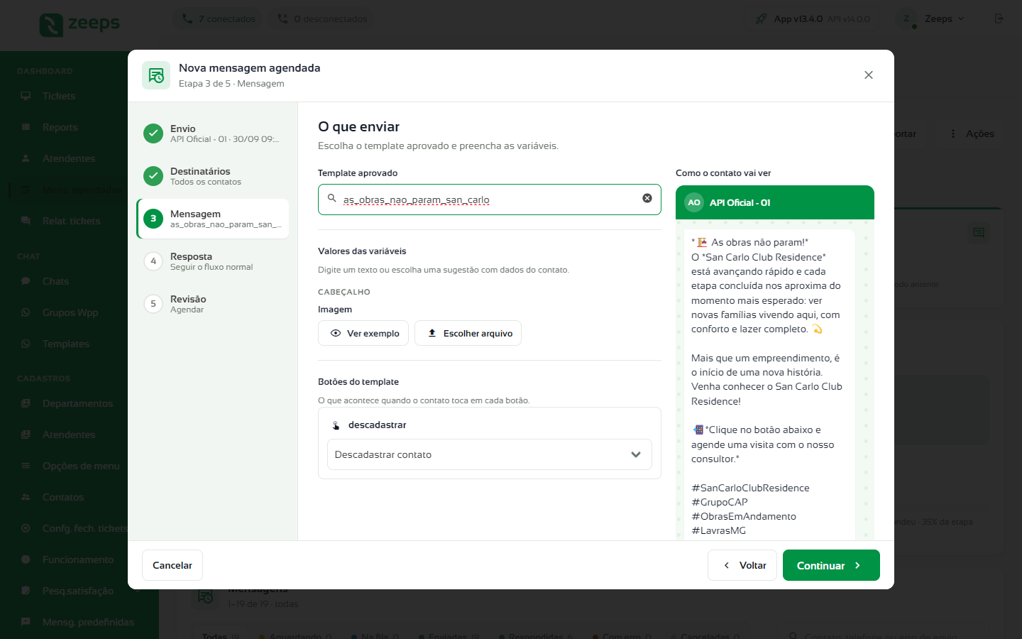 Etapa Mensagem de um número da API Oficial com o template escolhido, o arquivo do cabeçalho, a ação do botão e a prévia