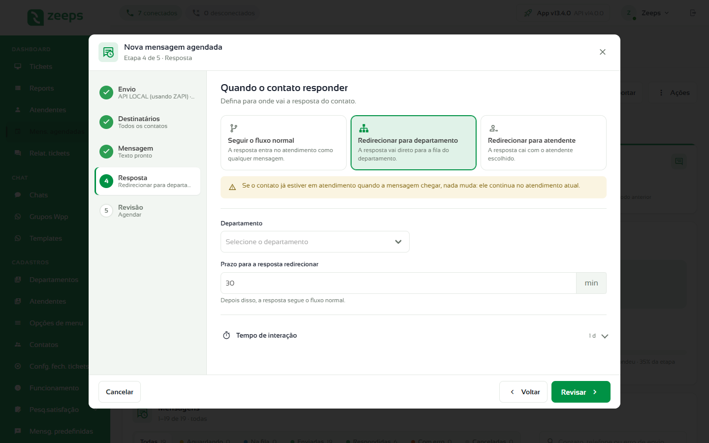 Etapa Resposta com a opção Redirecionar para departamento, o prazo em minutos e o tempo de interação