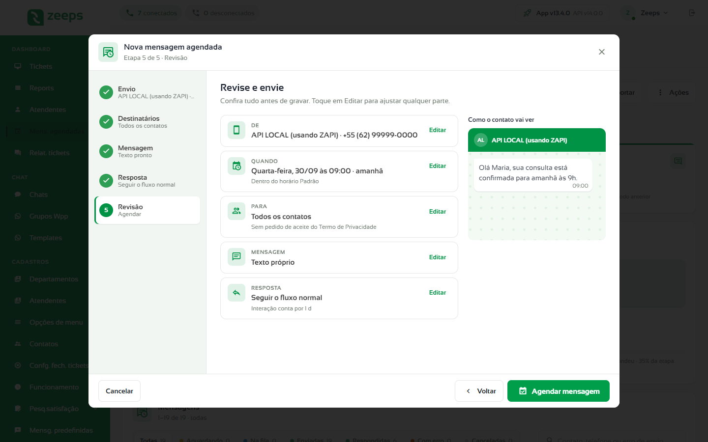 Etapa Revisão com os cartões de resumo, o botão Editar de cada um e a prévia da mensagem