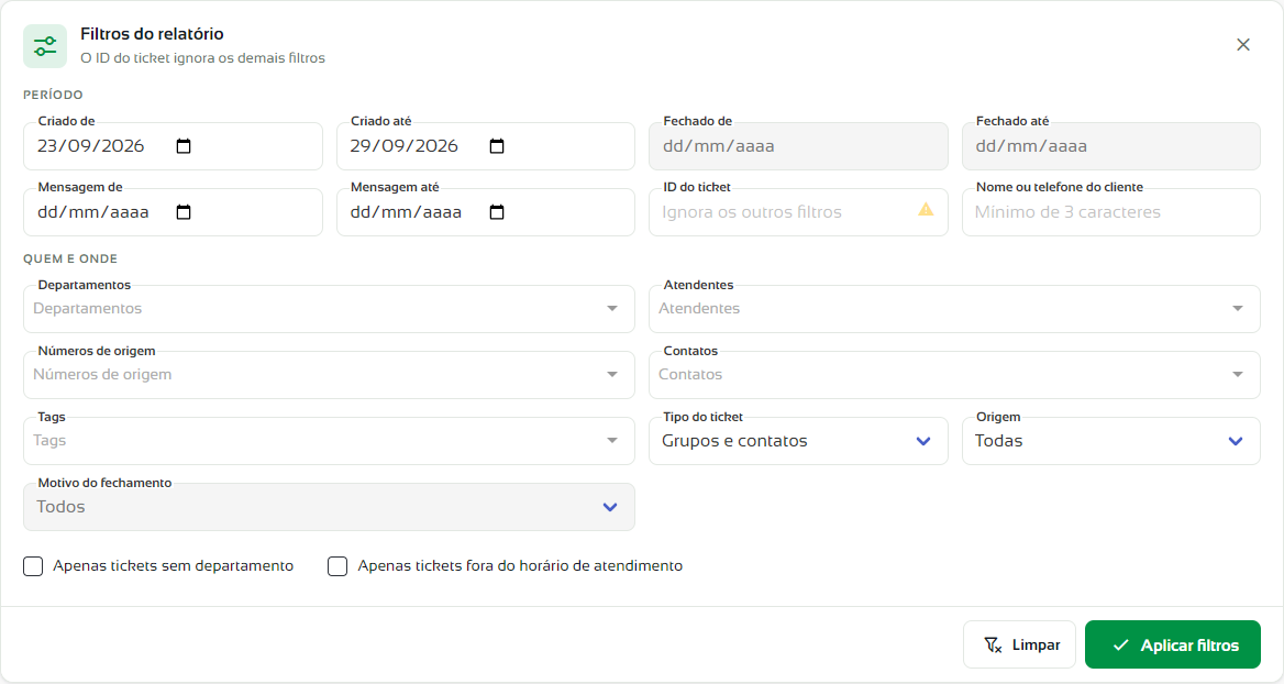 Painel Filtros do relatório com os grupos Período e Quem e onde