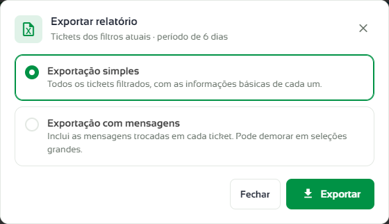 Janela Exportar relatório com as opções Exportação simples e Exportação com mensagens