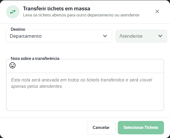 Janela Transferir tickets em massa com o destino e a nota