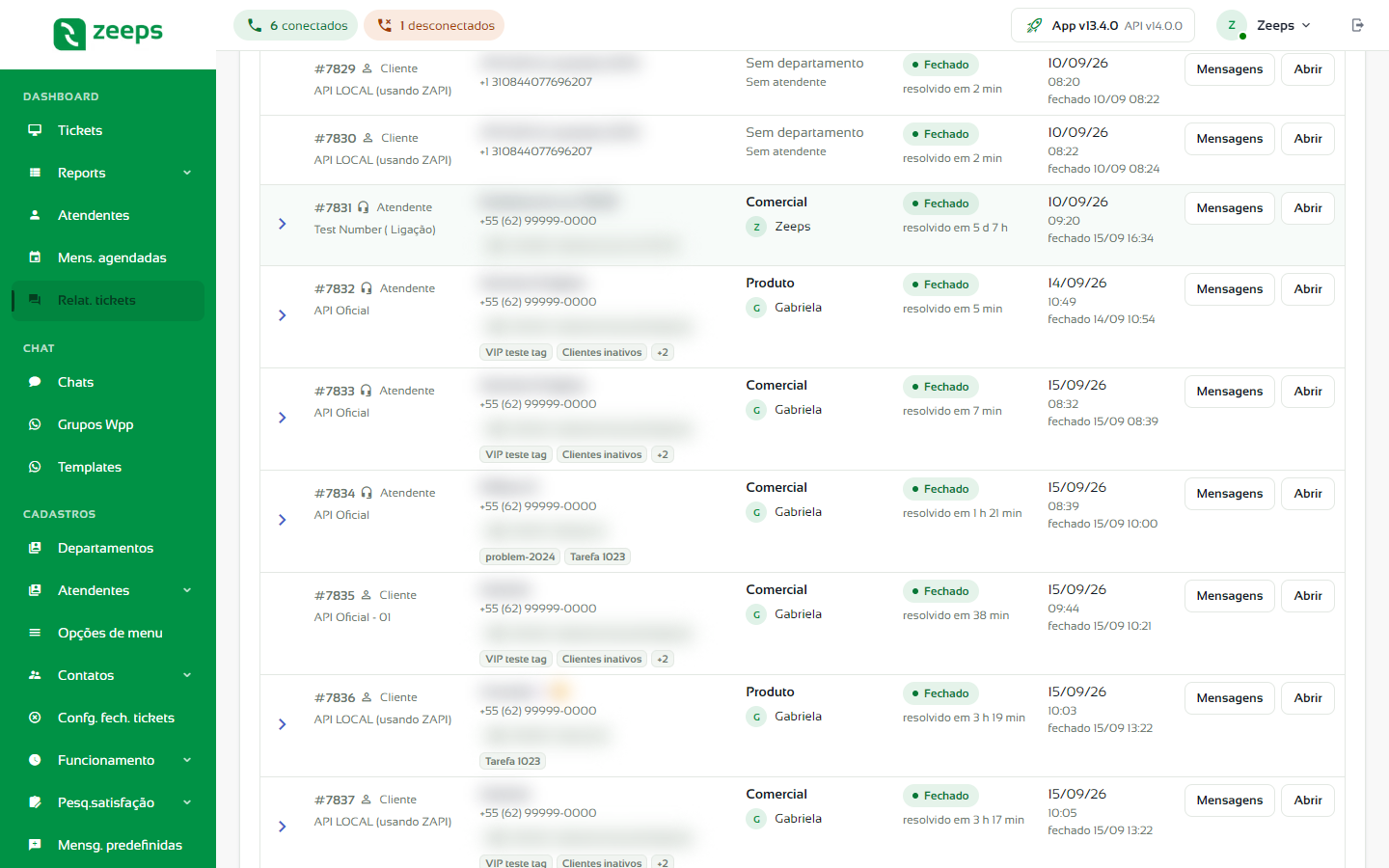 Lista de tickets com as colunas Ticket, Cliente, Atendimento, Situação, Abertura e Ações