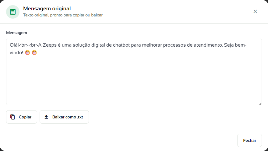 Janela Mensagem original com os botões Copiar e Baixar como .txt
