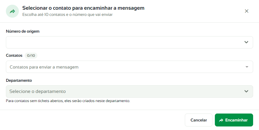 Janela Selecionar o contato para encaminhar a mensagem com os campos Número de origem, Contatos e Departamento
