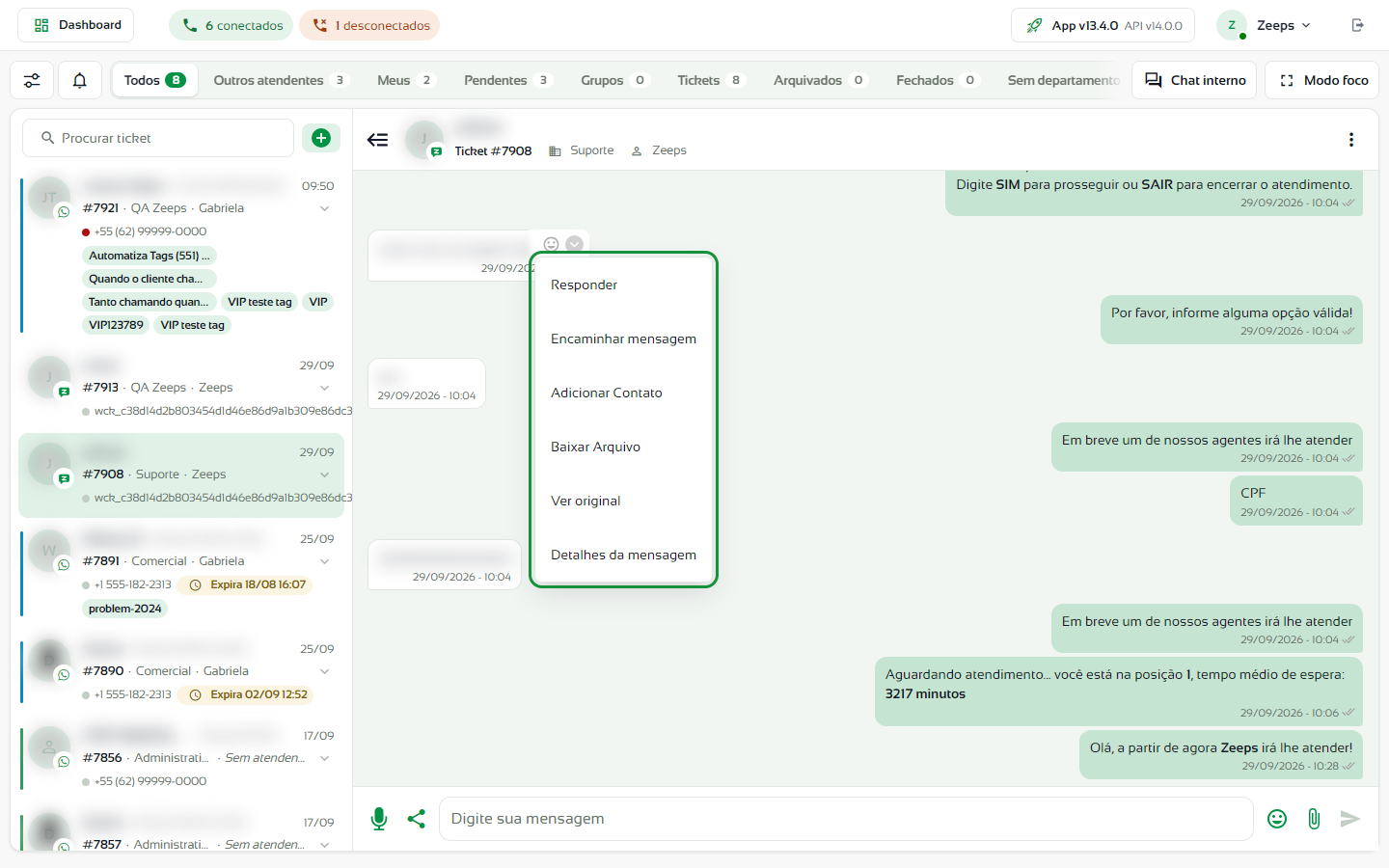 Menu de ações das mensagens no Chat