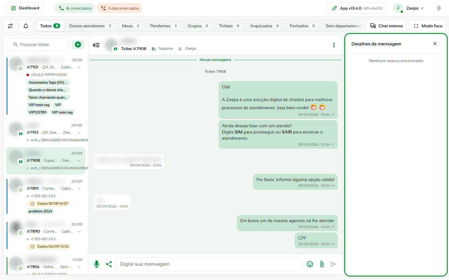 Painel Detalhes da mensagem aberto à direita da conversa