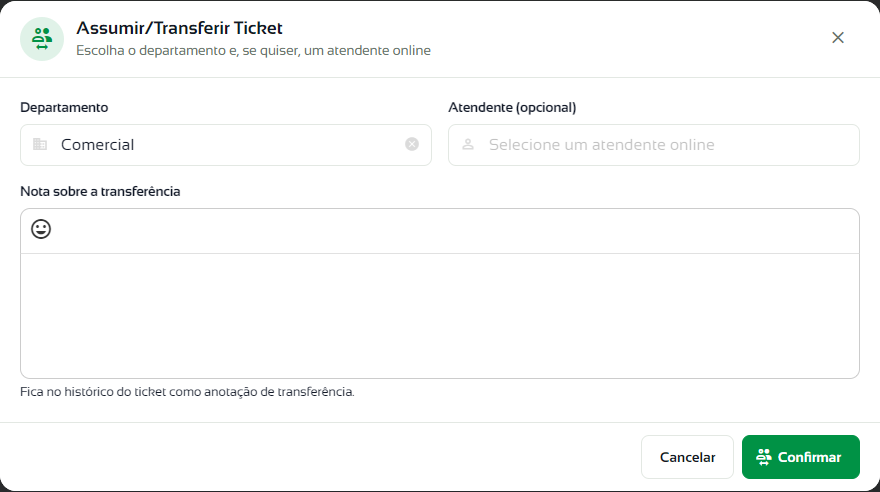 Janela Assumir/Transferir Ticket com os campos Departamento, Atendente e Nota sobre a transferência
