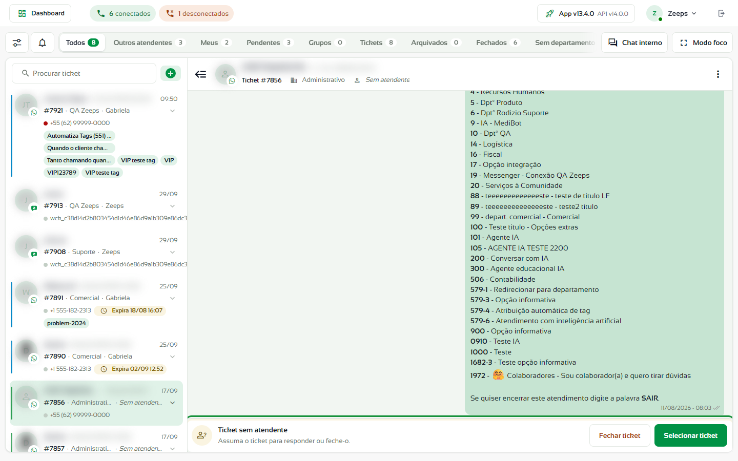 Conversa sem atendente com os botões Fechar ticket e Selecionar ticket em destaque