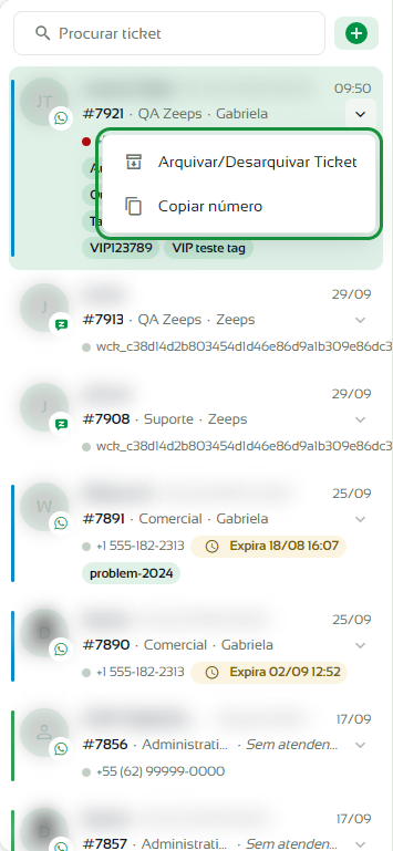 Menu do cartão da conversa com as opções Arquivar/Desarquivar Ticket e Copiar número