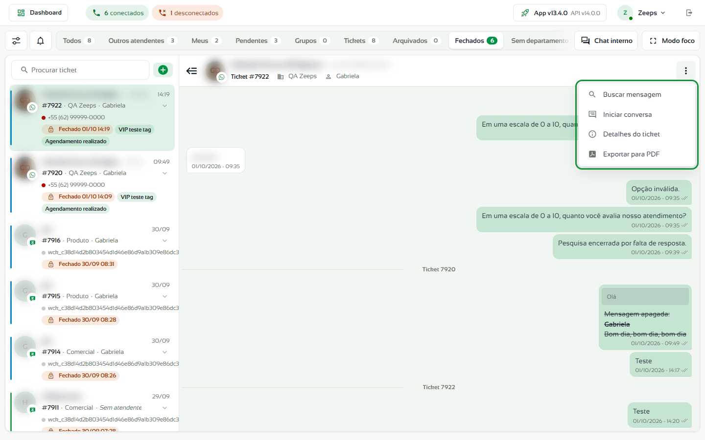 Menu de uma conversa fechada com as opções Buscar mensagem, Iniciar conversa, Detalhes do ticket e Exportar para PDF