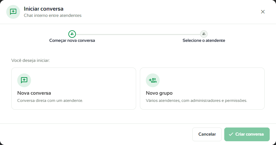 Janela Iniciar conversa com as opções Nova conversa e Novo grupo