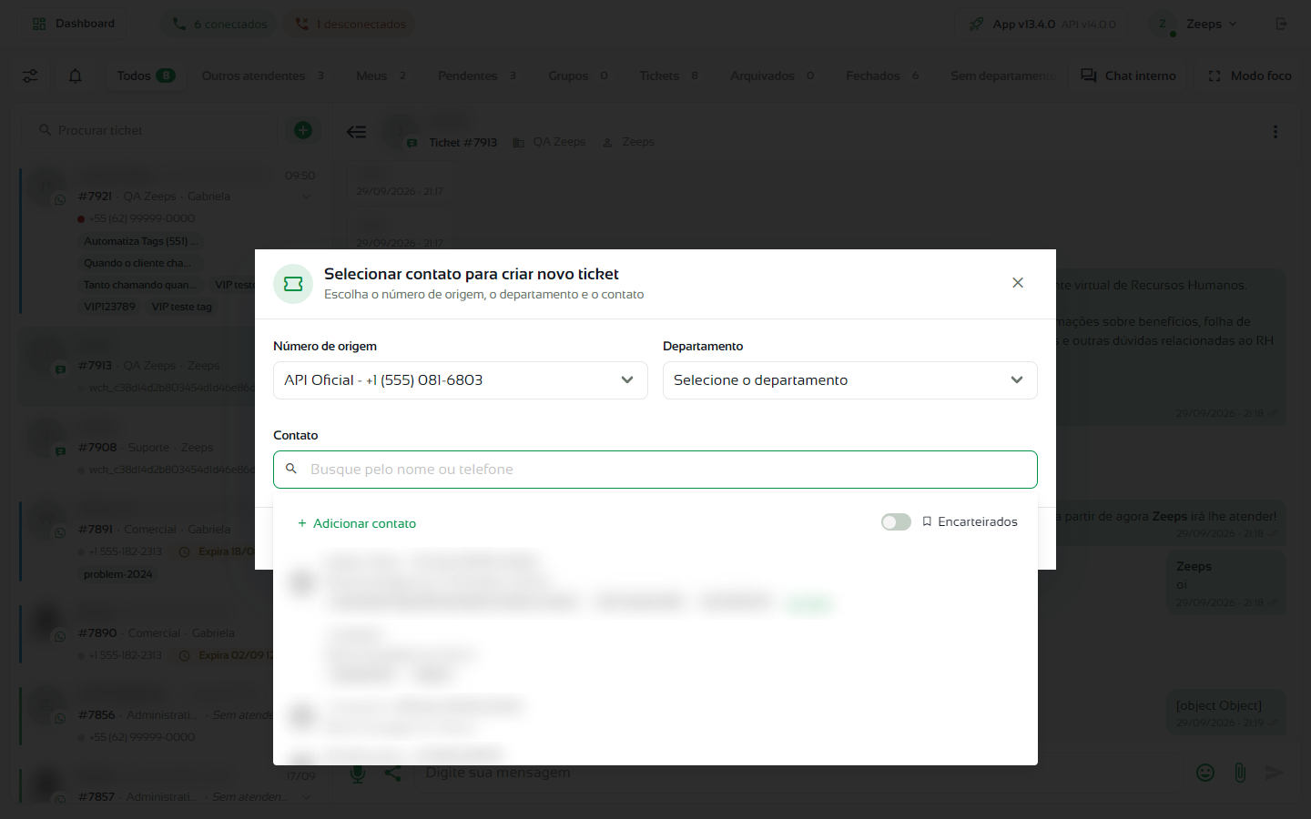 Lista de contatos aberta com as opções Adicionar contato e Encarteirados