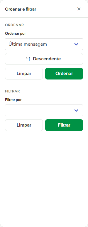 Painel Ordenar e filtrar com as opções de ordenação e de filtro