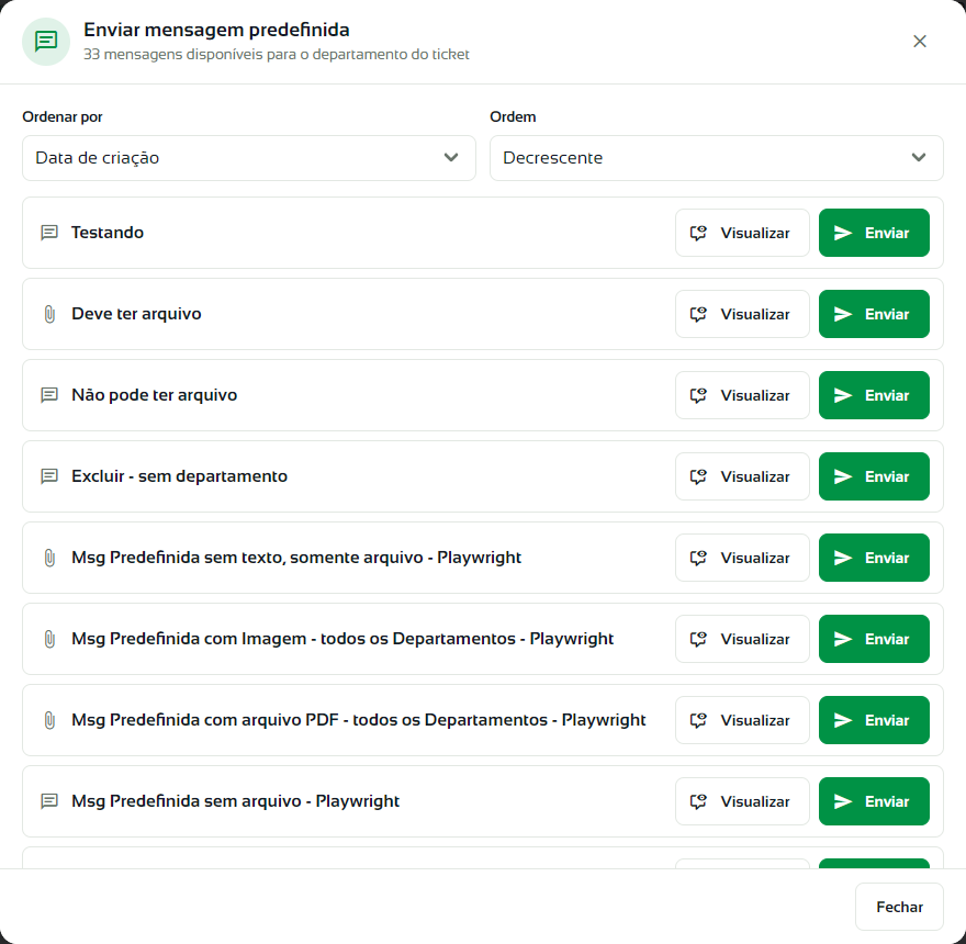 Janela Enviar mensagem predefinida com a lista de mensagens e os botões Visualizar e Enviar