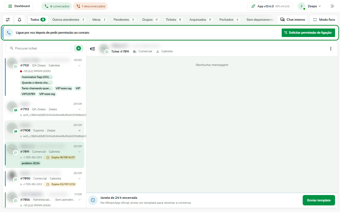 Barra de ligação acima da conversa com o botão Solicitar permissão de ligação em destaque