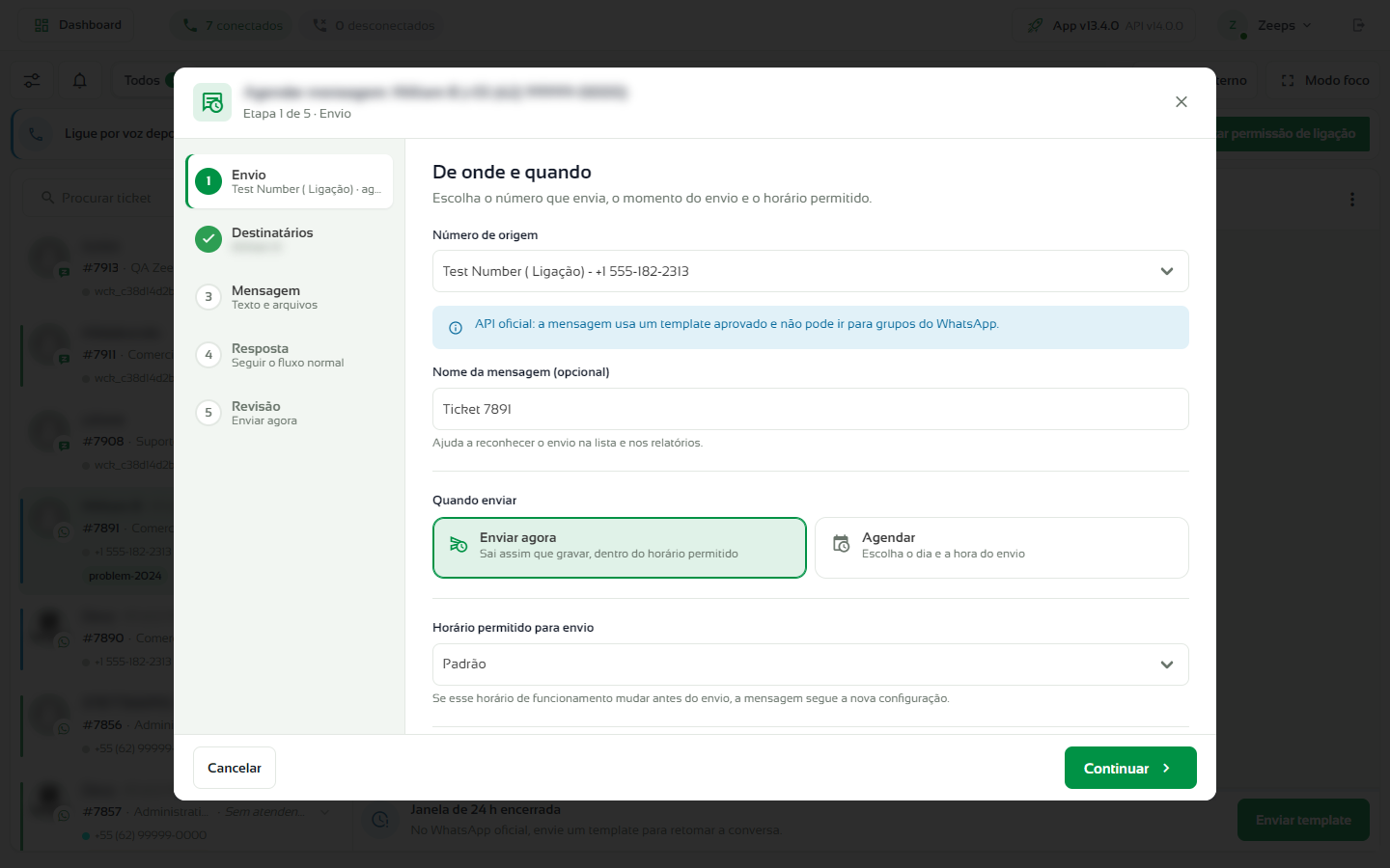 Janela Agendar mensagem na etapa Envio, com o número de origem e as opções de quando enviar
