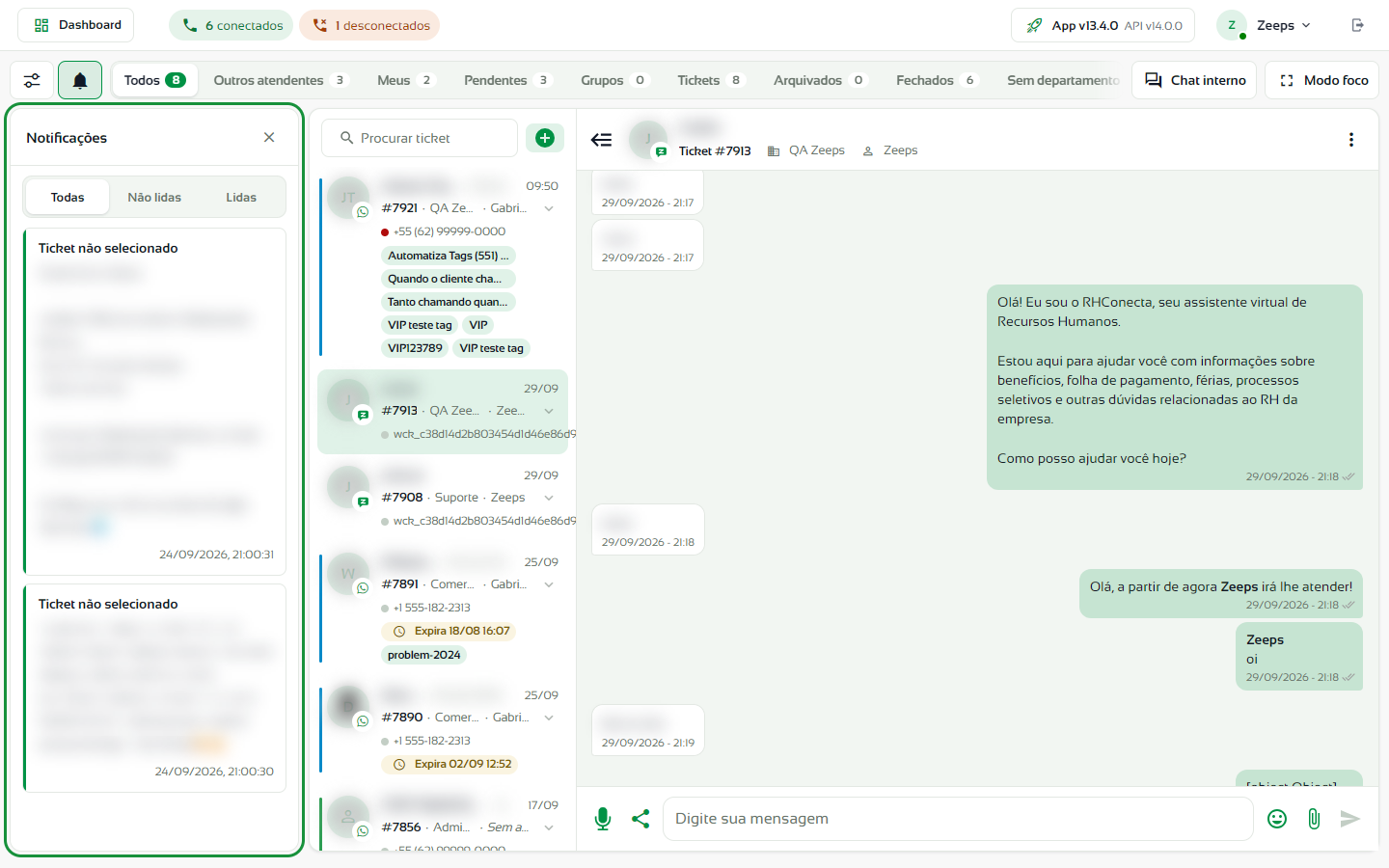 Painel Notificações aberto com os filtros Todas, Não lidas e Lidas e avisos de Ticket não selecionado