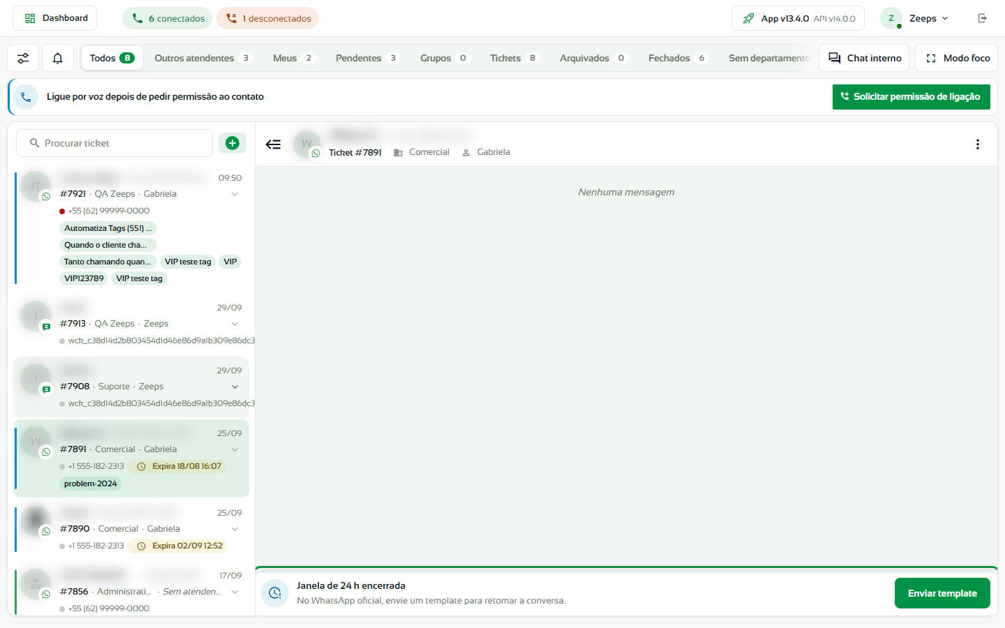 Conversa do WhatsApp oficial com o aviso Janela de 24 h encerrada e o botão Enviar template em destaque