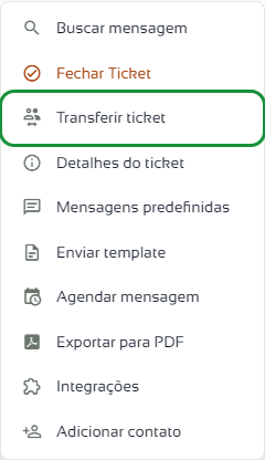 Menu da conversa com a opção Transferir ticket em destaque
