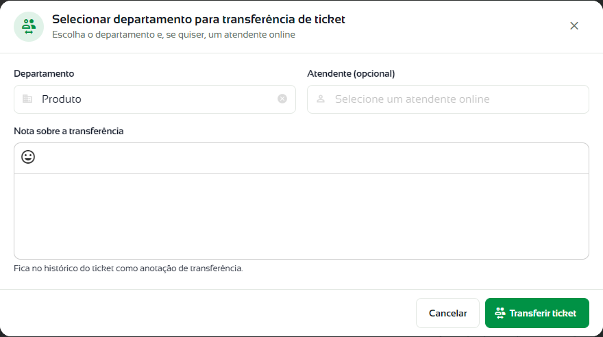 Janela de transferência com os campos Departamento, Atendente (opcional) e Nota sobre a transferência