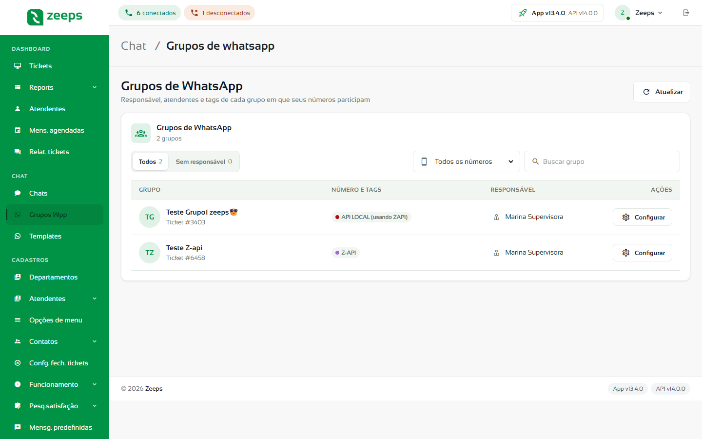 Tela Grupos de WhatsApp com as abas Todos e Sem responsável, o filtro de número, a busca e a lista de grupos