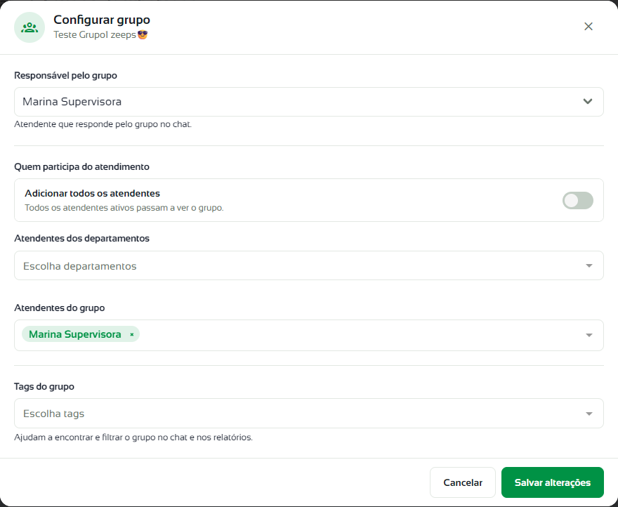 Janela Configurar grupo com o responsável, a opção Adicionar todos os atendentes, os atendentes dos departamentos, os atendentes do grupo e as tags