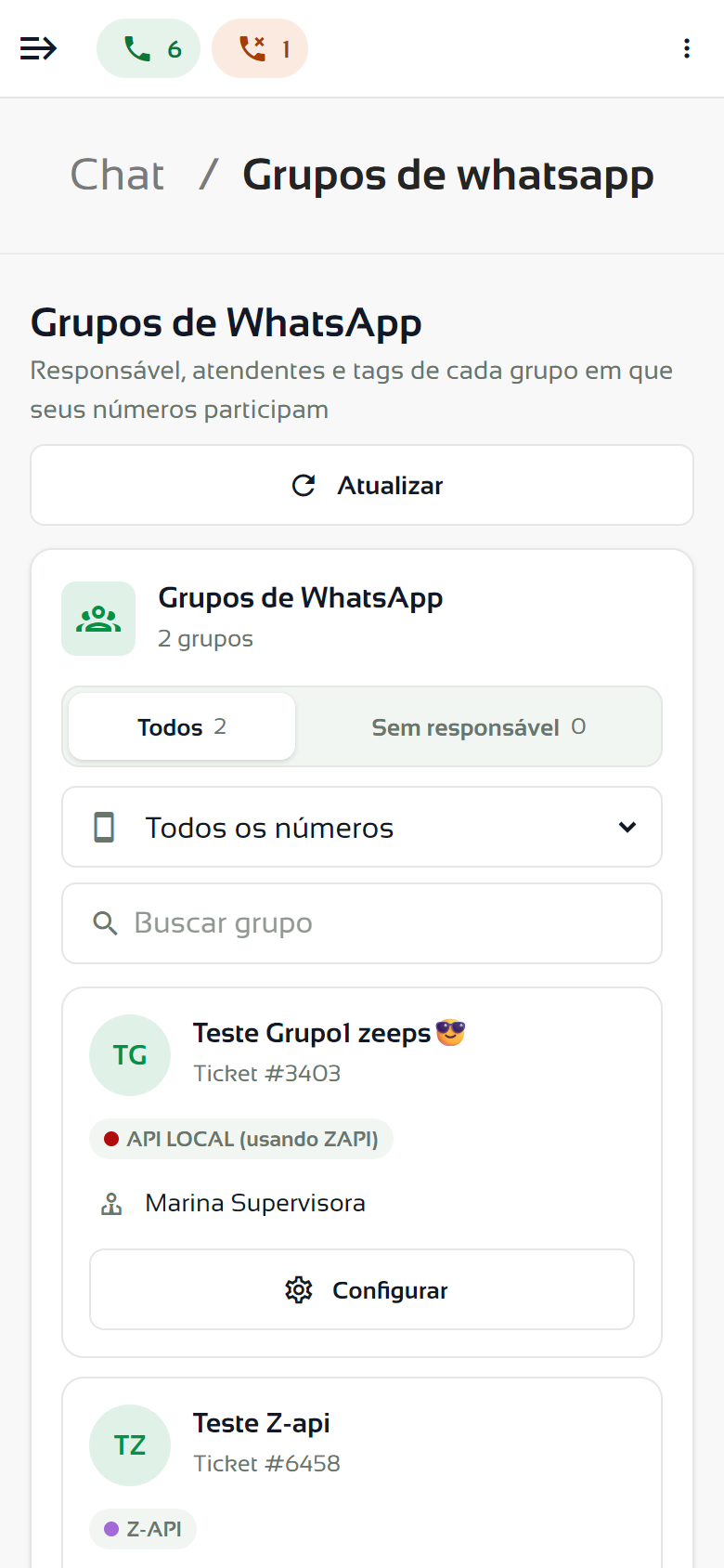 Grupos de WhatsApp no celular, com as abas, o filtro de número, a busca e os cartões dos grupos