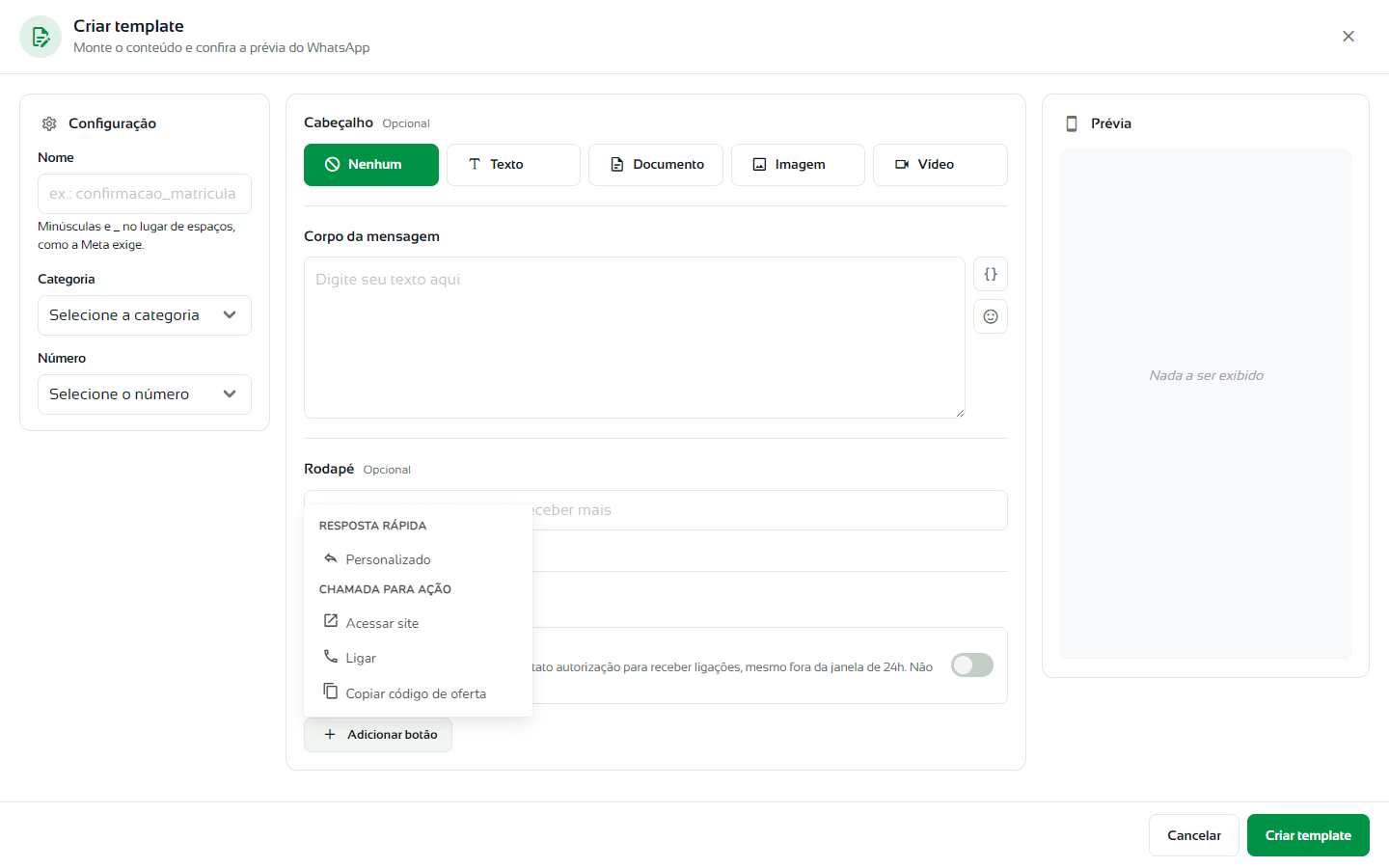 Menu Adicionar botão com Resposta rápida e as opções de Chamada para ação