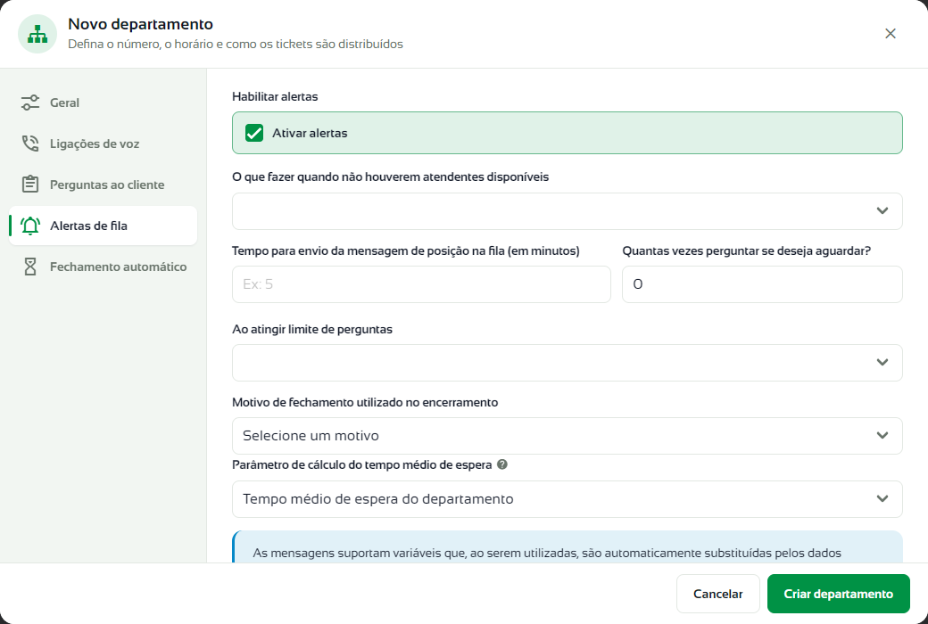 Aba Alertas de fila com a opção Ativar alertas marcada